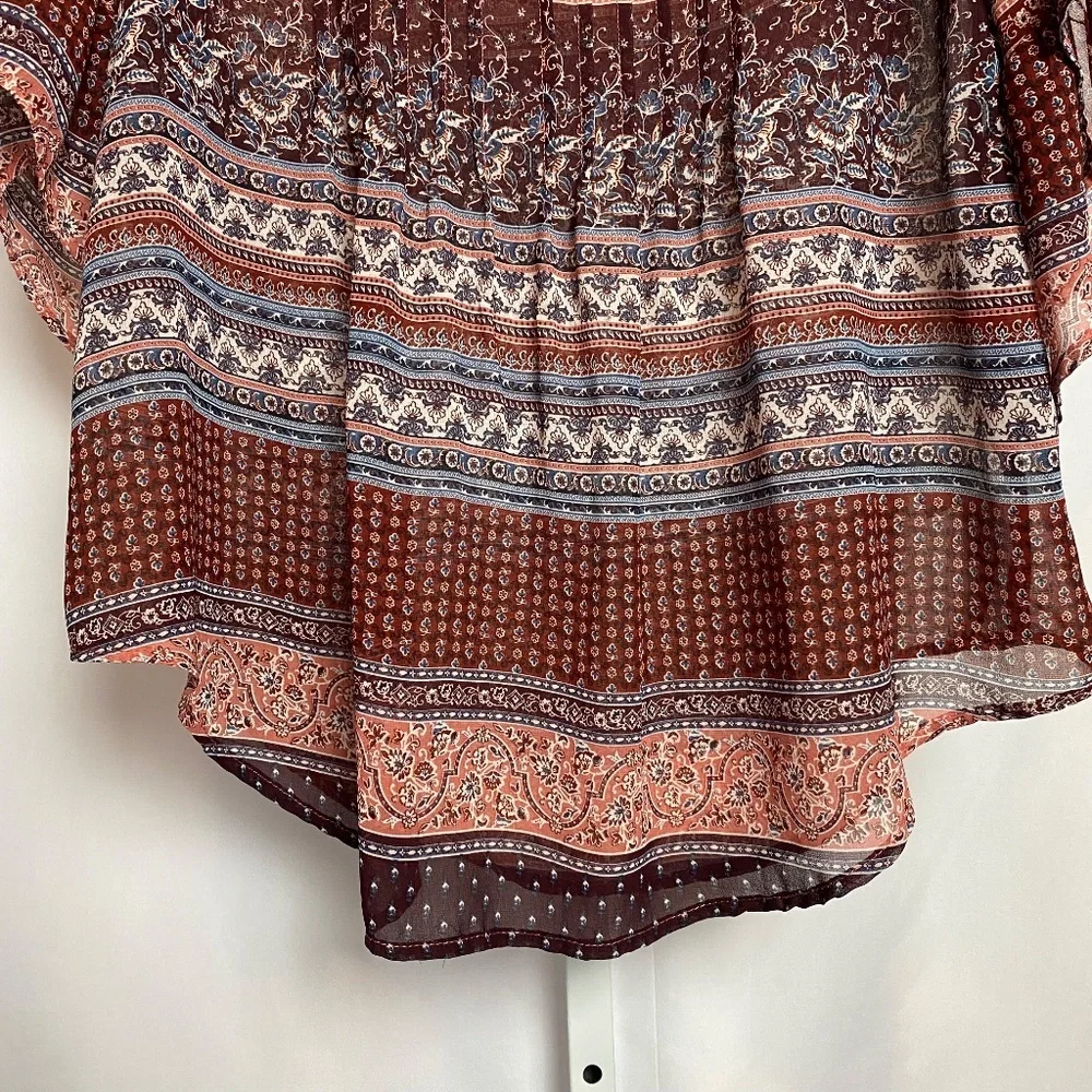 Style & Co Womenʻs Burgundy Pleated Bell Ruffle Sleeve Boho Top Petite Large